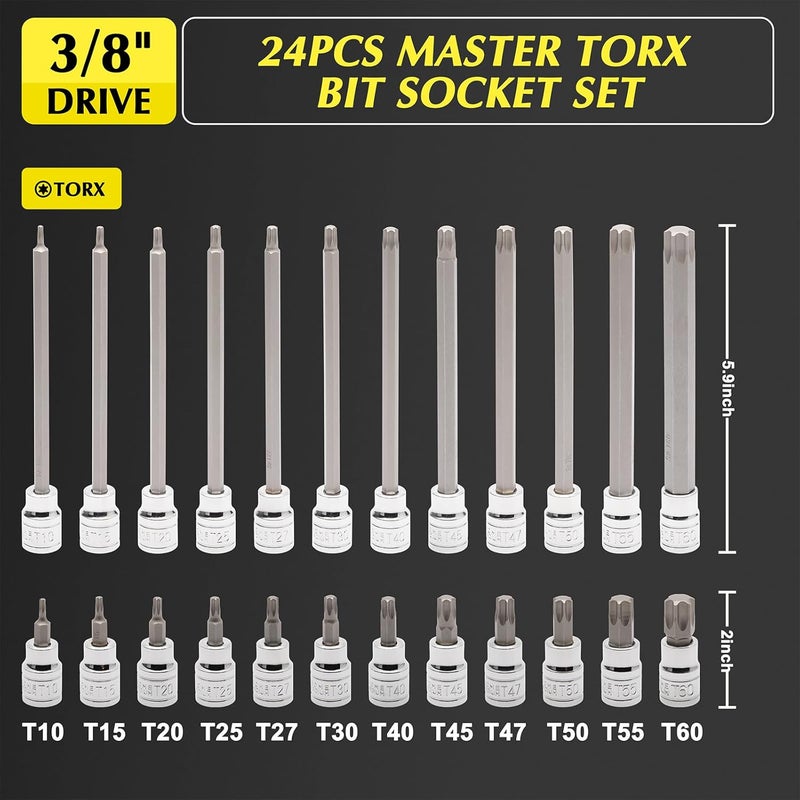 EMENTOL 3/8 Inch Drive Torx Bit Socket Set, Extra Long Star Bit Sockets, 24-Piece, Cr-V and S2 Alloy Steel, T10-T50 - Image 2
